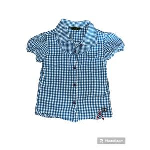 Oilily Girl’s Blue Checkered Button-Down Ruffle Sleeve Blouse Size 7/8